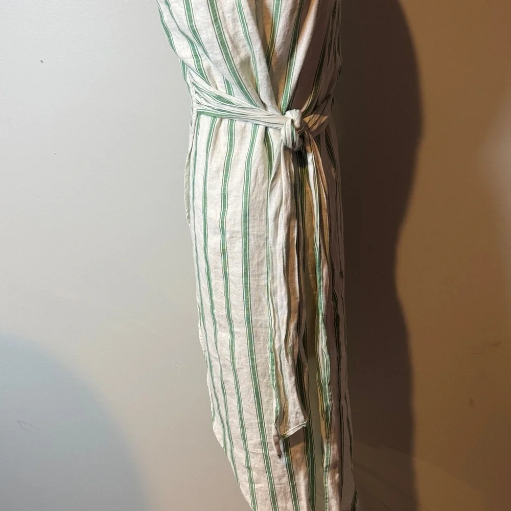 Reformation 100% linen Asymmetrical wrap Dress in Green and White Stripes - Picture 3 of 5